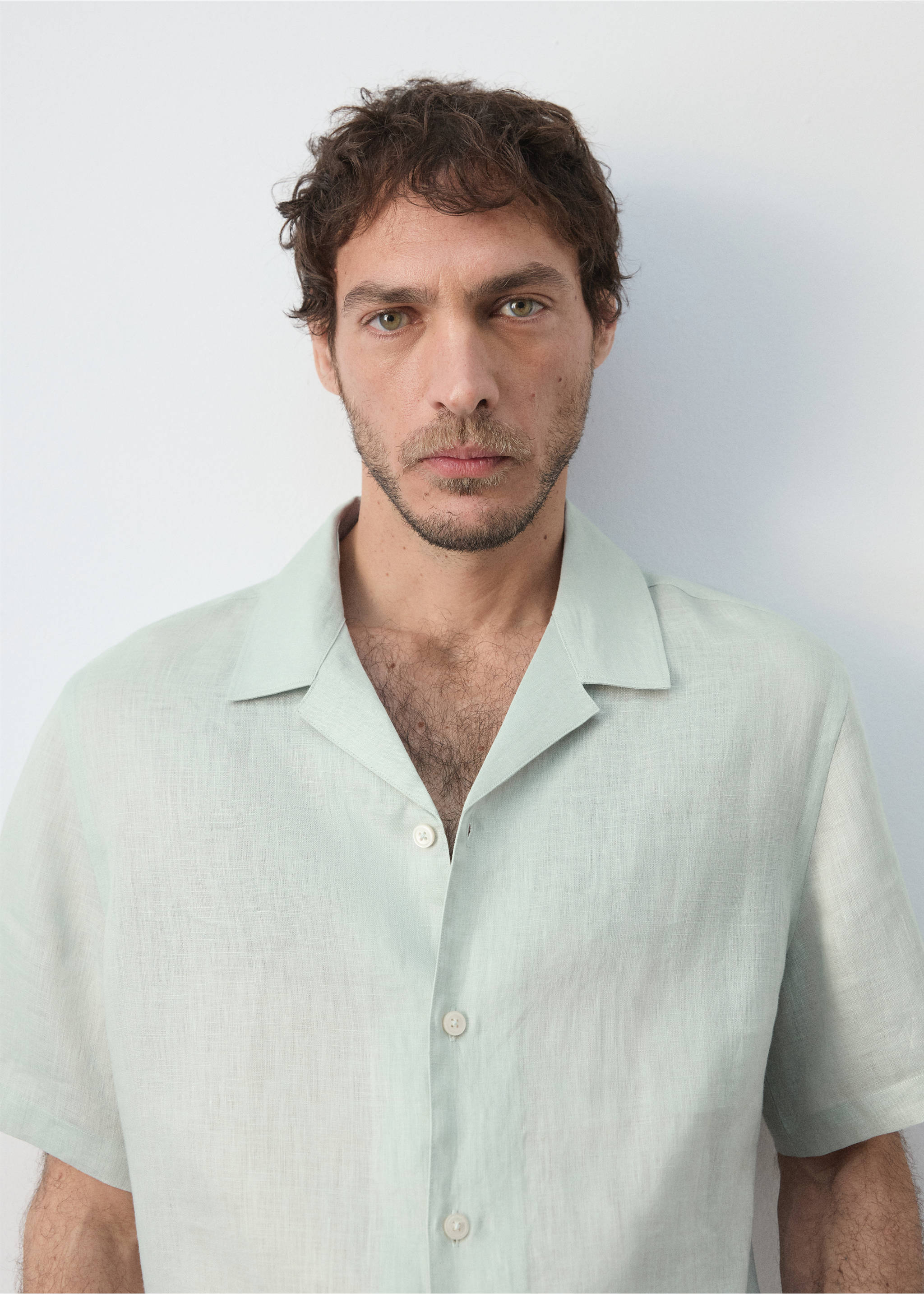 Regular-fit 100% linen shirt - Details of the article 1, Aqua Green. Ref: 37071421-00.