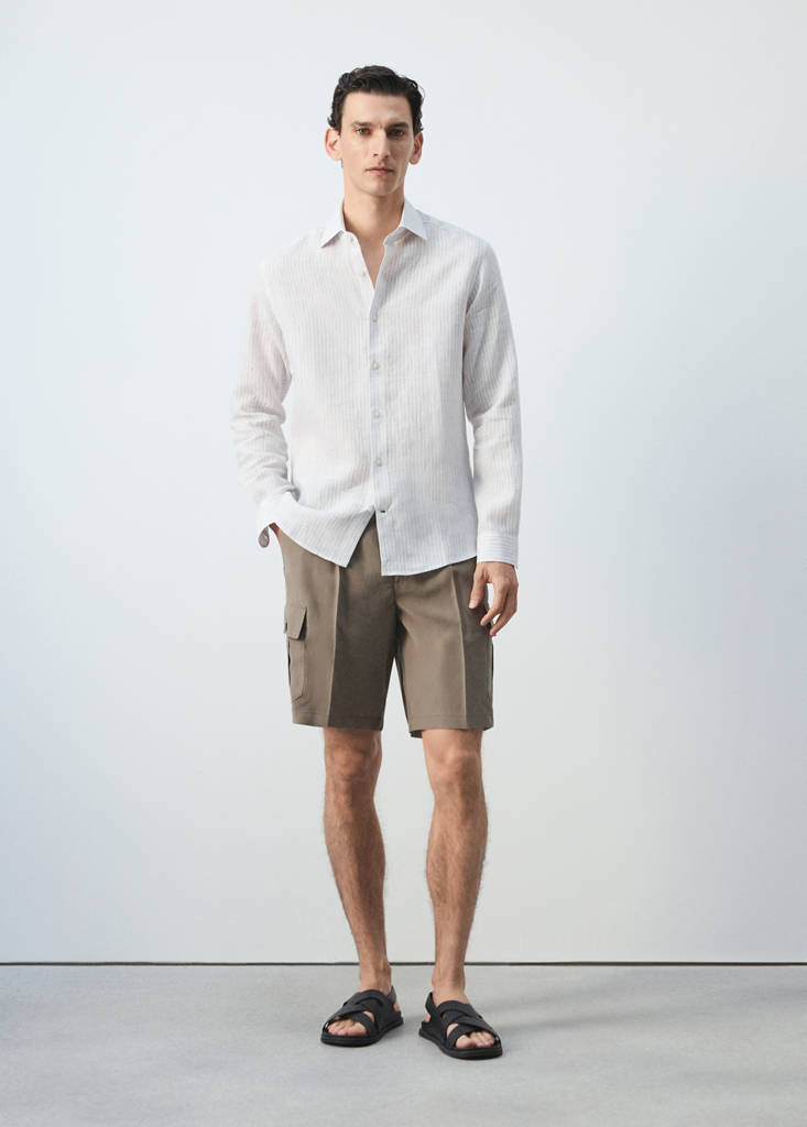 Koszula slim fit z 100% lnu błękitny - Mężczyzna - XL - MANGO MAN
