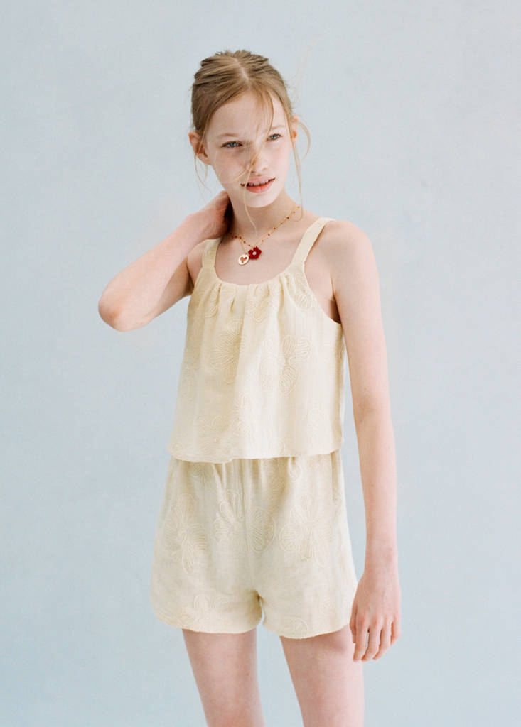 Floral embroidered spaghetti strap jumpsuit — Ecru