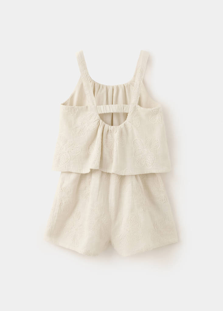 Floral embroidered spaghetti strap jumpsuit — Ecru