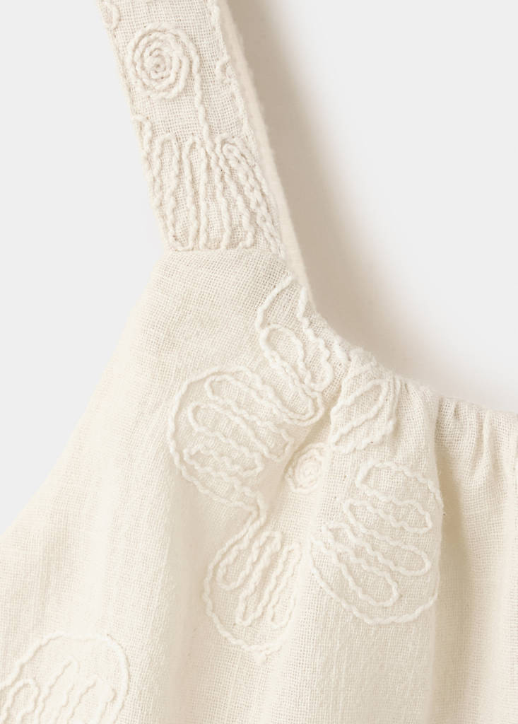 Floral embroidered spaghetti strap jumpsuit — Ecru