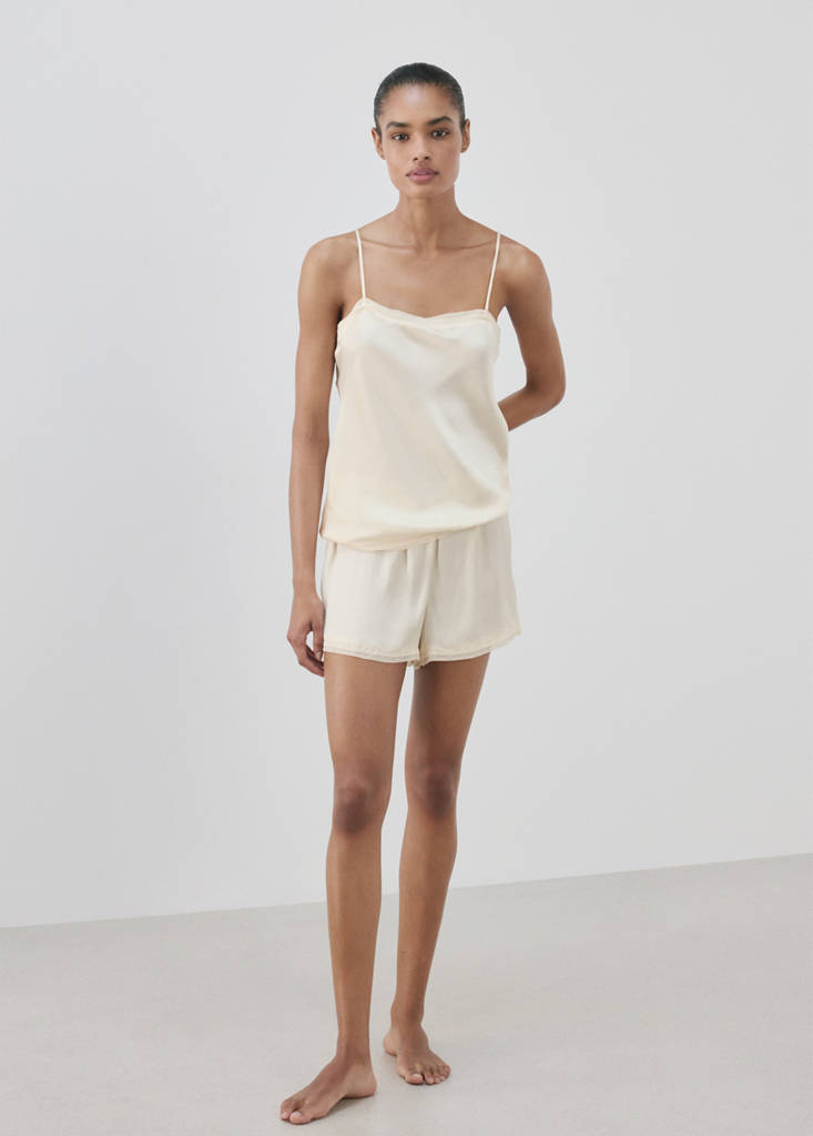 Satin lace-trim pyjama top — Ivory White