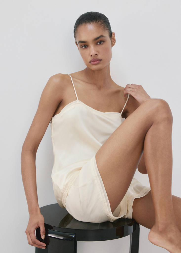 Satin lace-trim pyjama top — Ivory White
