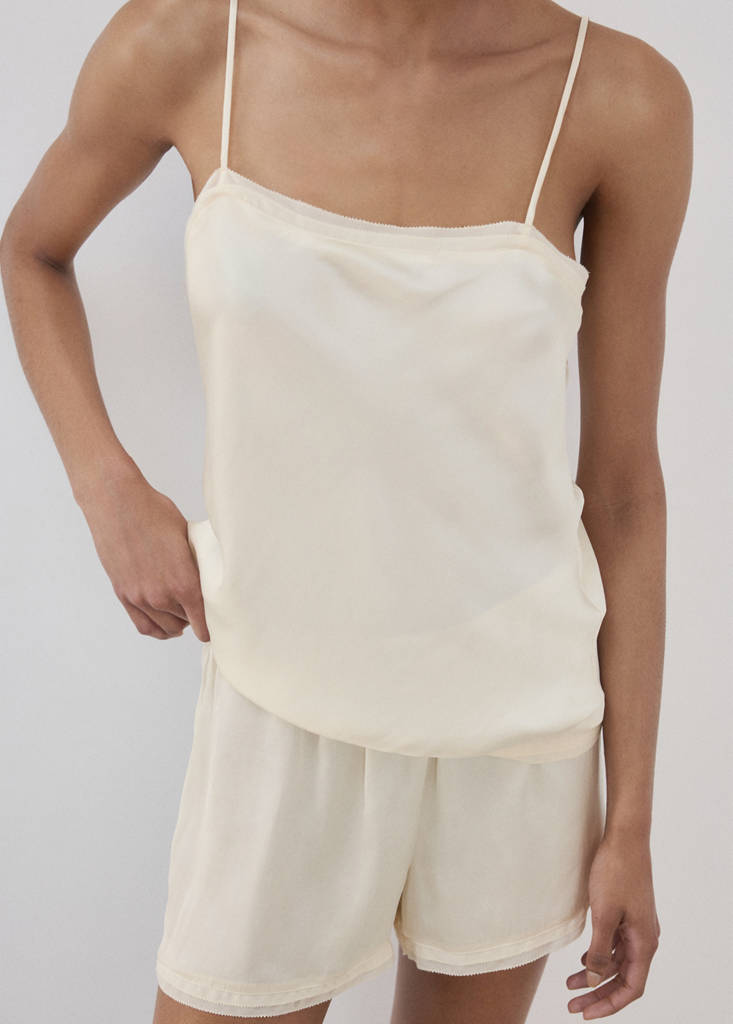 Satin lace-trim pyjama top — Ivory White
