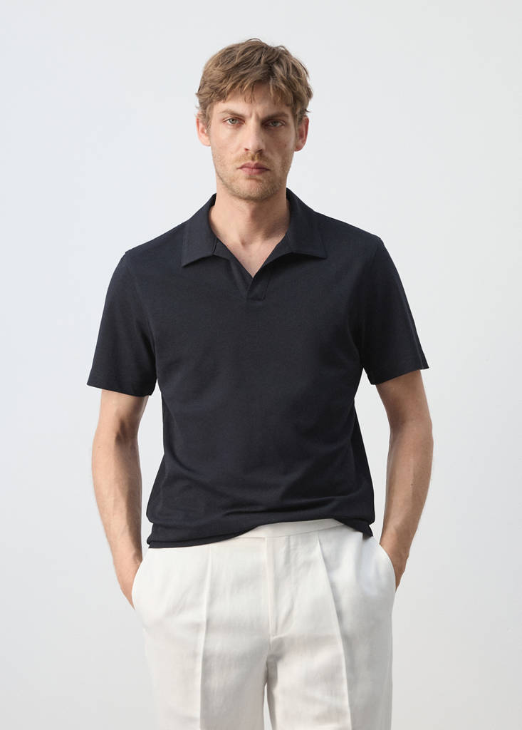 Slim fit cotton piqué blend polo — Navy