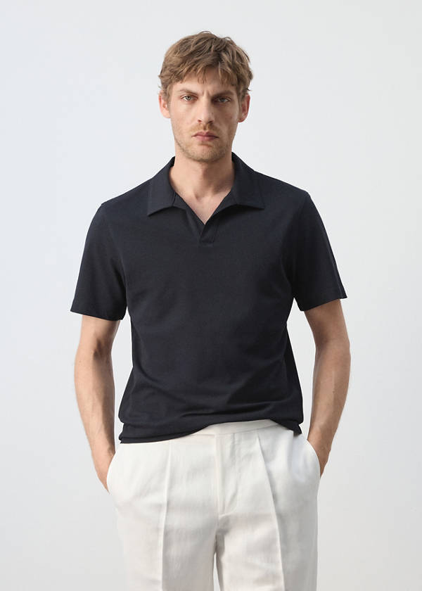 Slim fit cotton piqué blend polo — Navy