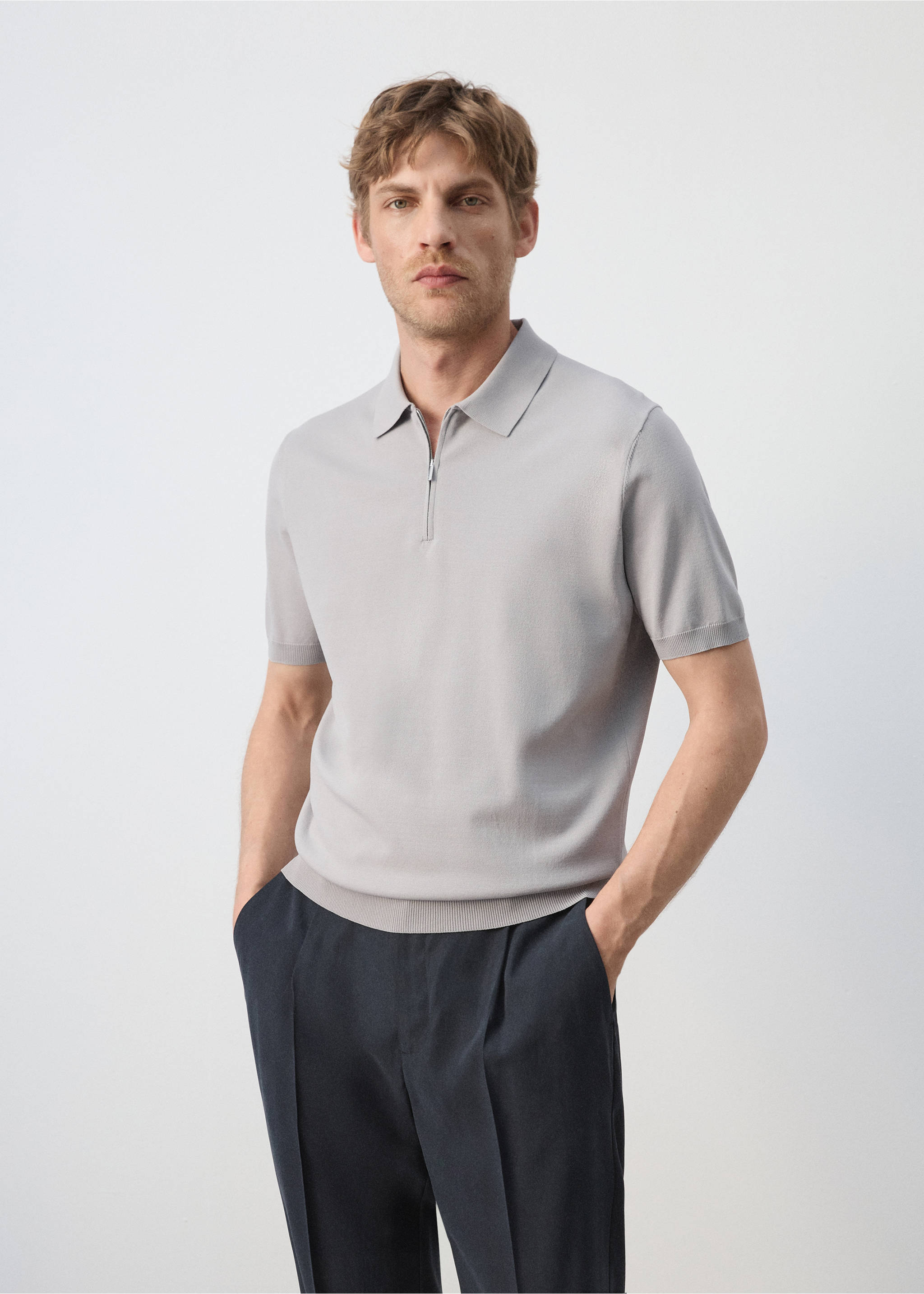 Knitted polo shirt with zip - Medium plane, Ice Grey. Ref: 37071436-00.