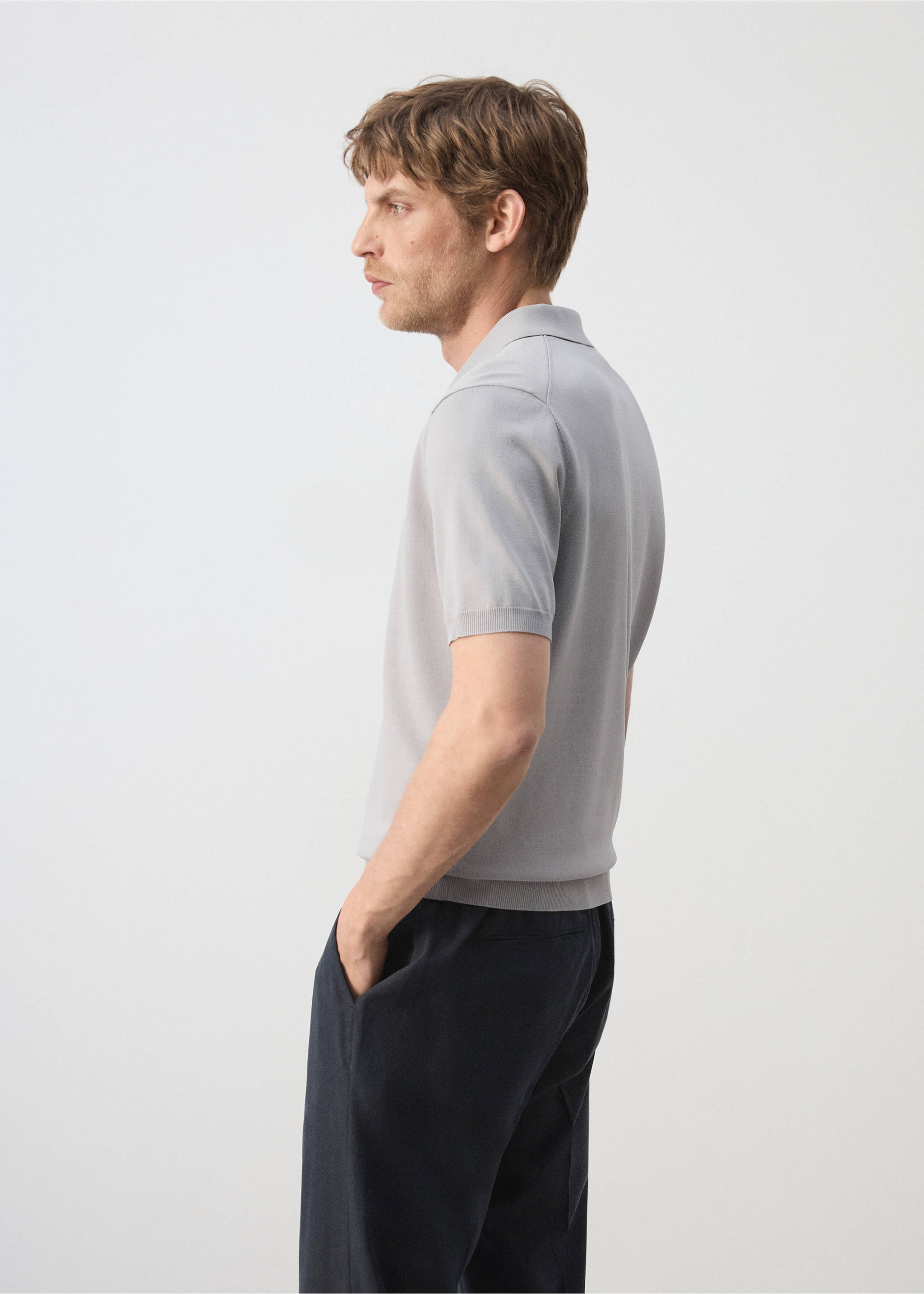 Knitted polo shirt with zip - Details of the article 2, Ice Grey. Ref: 37071436-00.