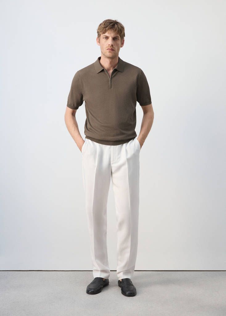 Knitted polo shirt with zip — Medium Brown