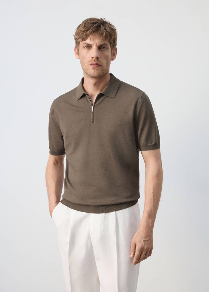 Knitted polo shirt with zip — Medium Brown