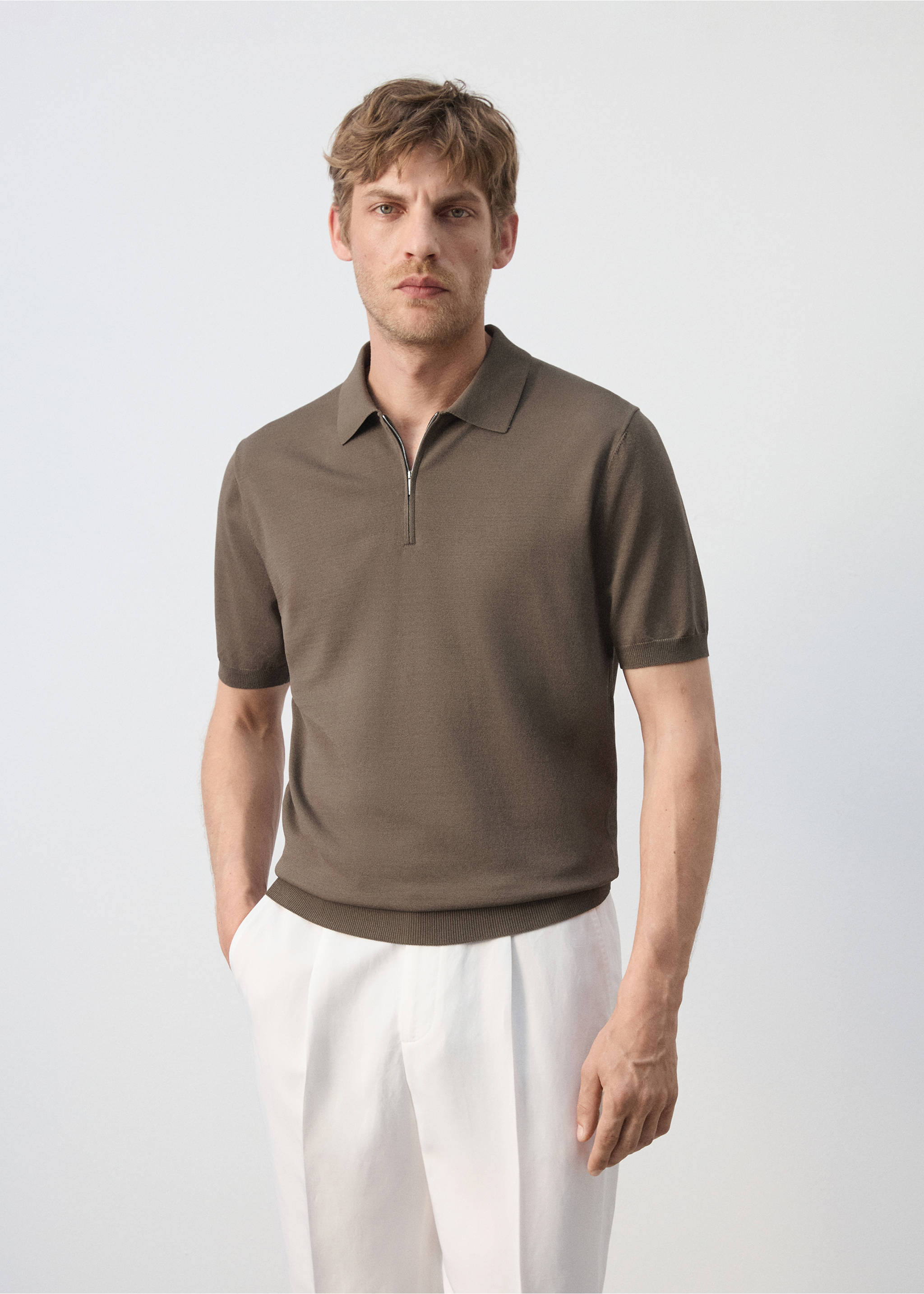 Knitted polo shirt with zip - Medium plane, Medium Brown. Ref: 37071436-00.