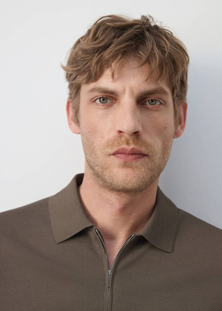 Knitted polo shirt with zip — Medium Brown