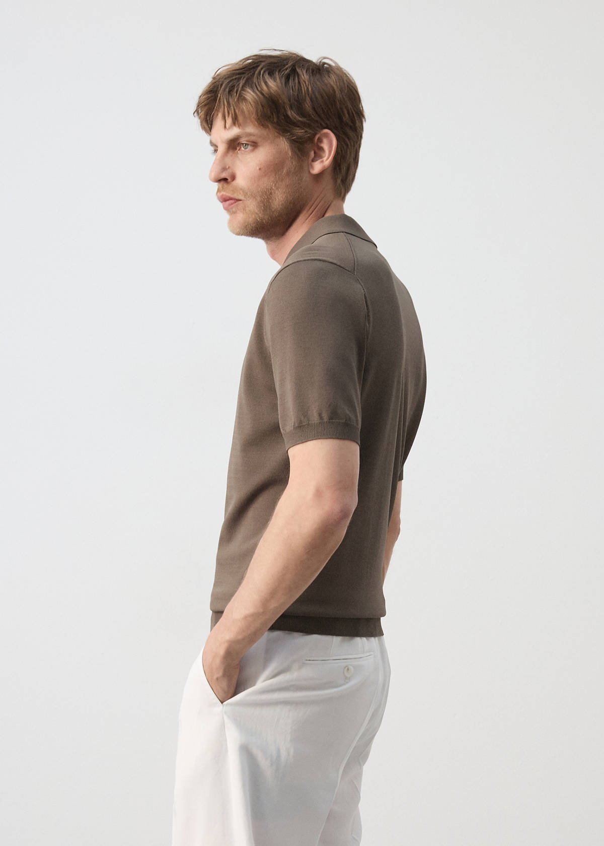 Knitted polo shirt with zip — Medium Brown