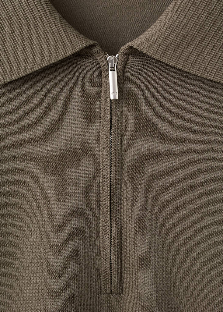 Knitted polo shirt with zip — Medium Brown