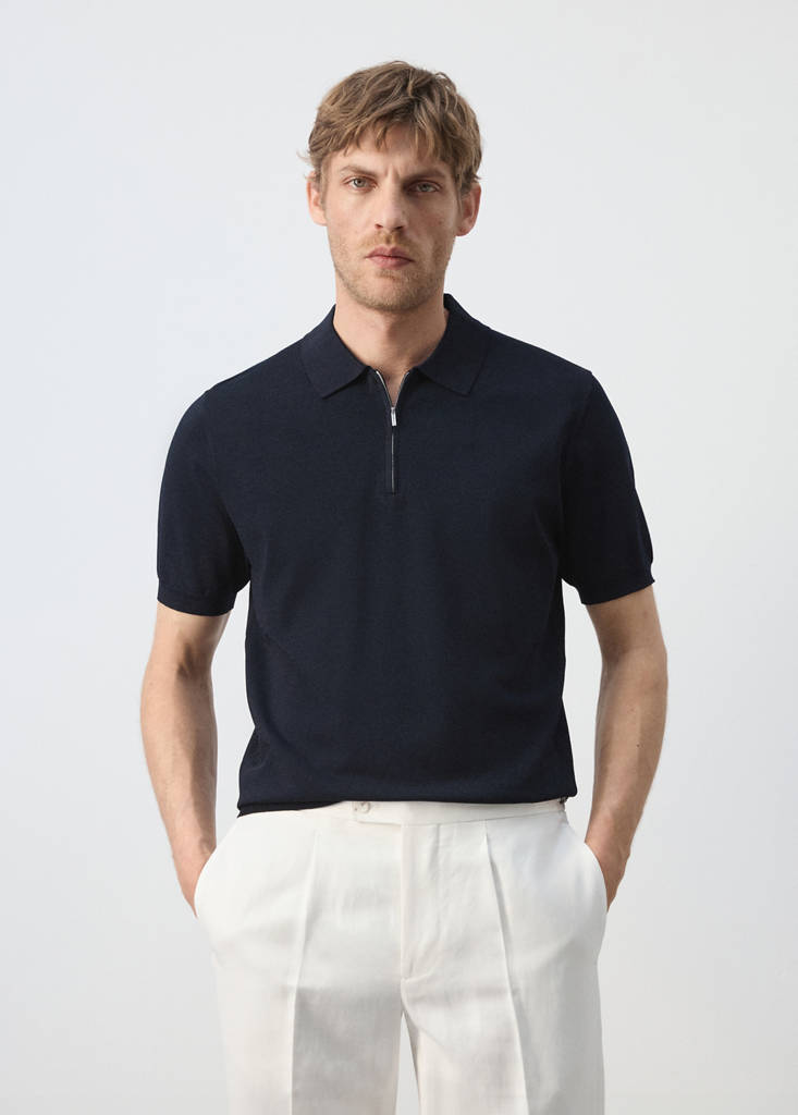 Knitted polo shirt with zip — Navy