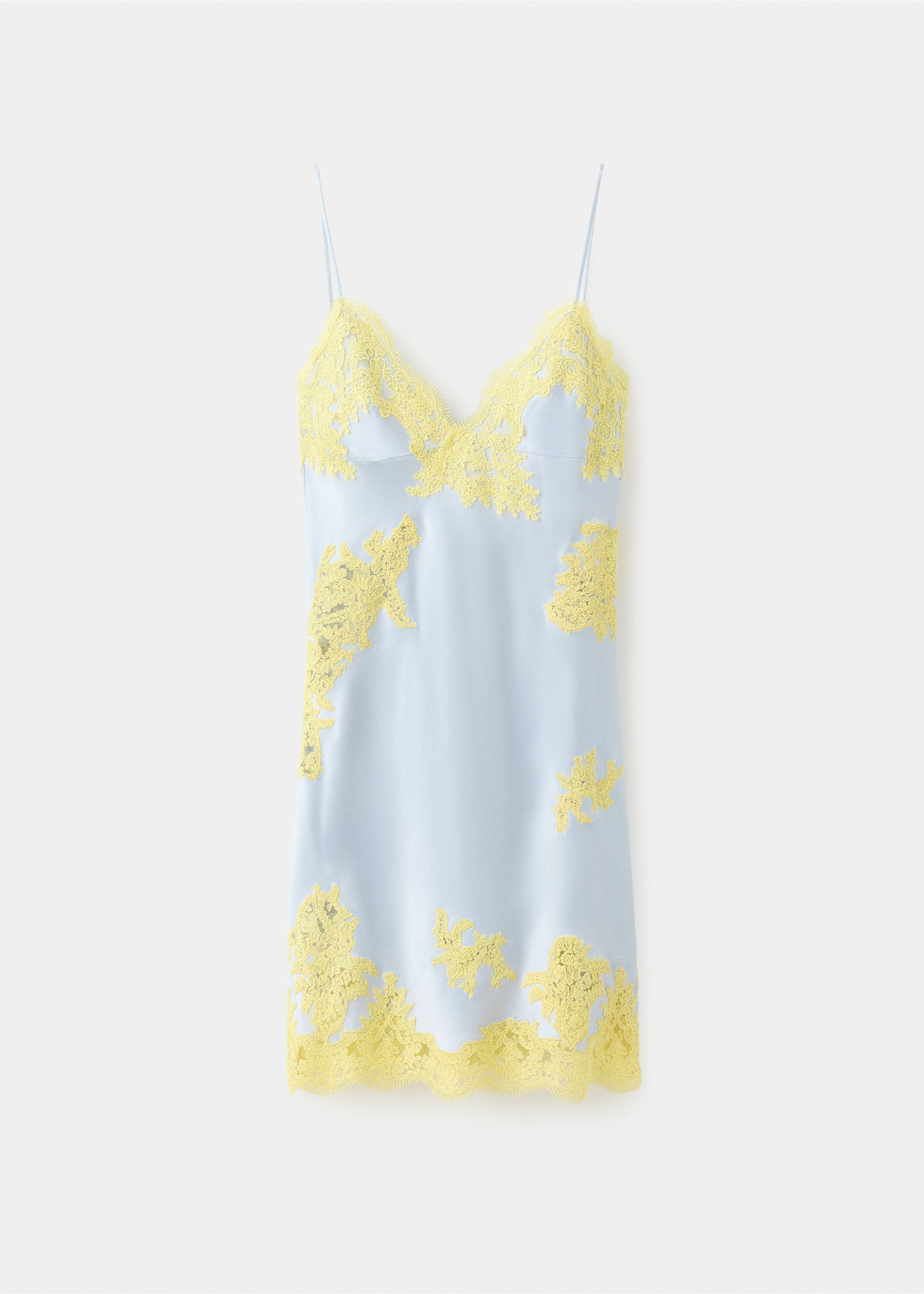 Satin dress with relief lace - Article without model, Sky Blue. Ref: 37071441-00.