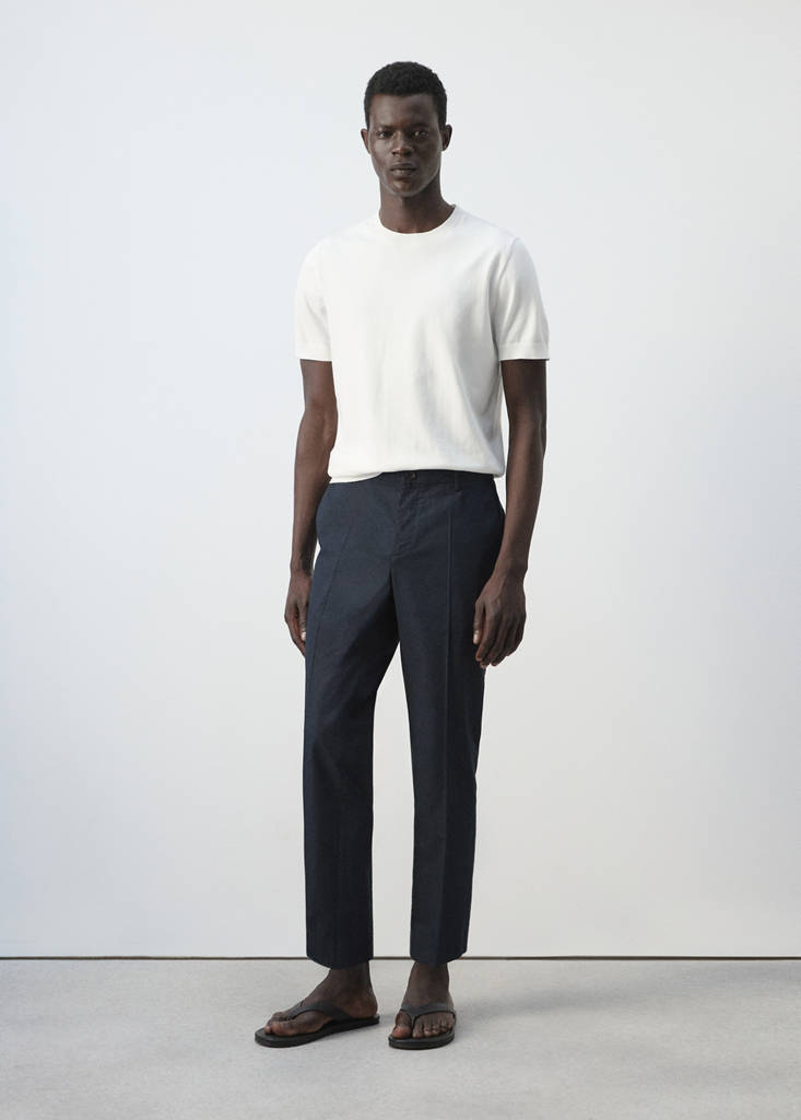 Slim fit cropped cotton blend trousers — Navy
