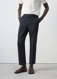 Slim fit cropped cotton blend trousers — Navy 1