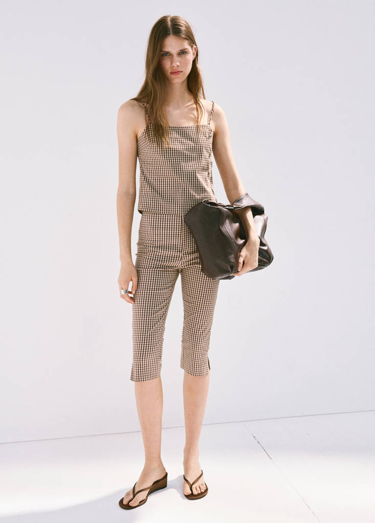 Gingham check button top — Brown