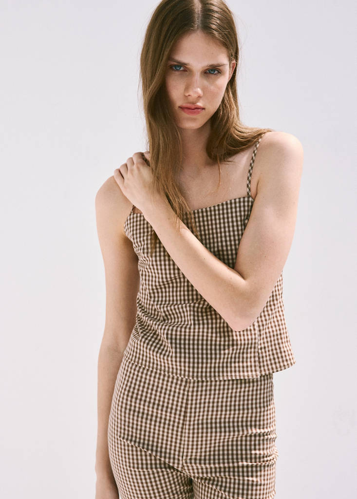 Gingham check button top — Brown
