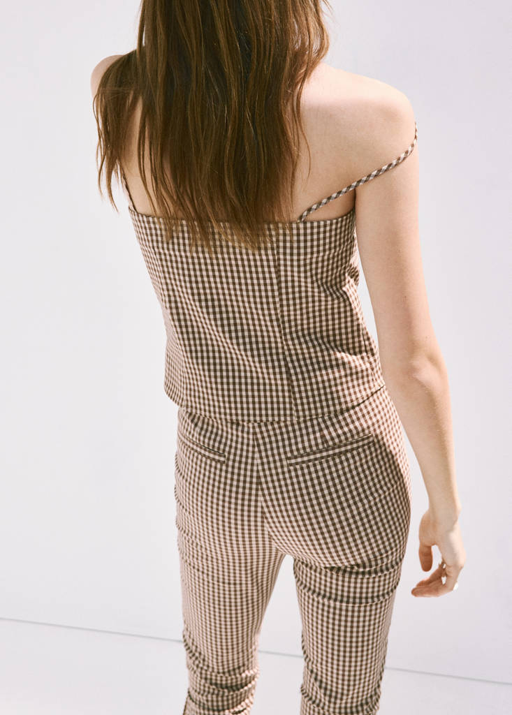 Gingham check button top — Brown