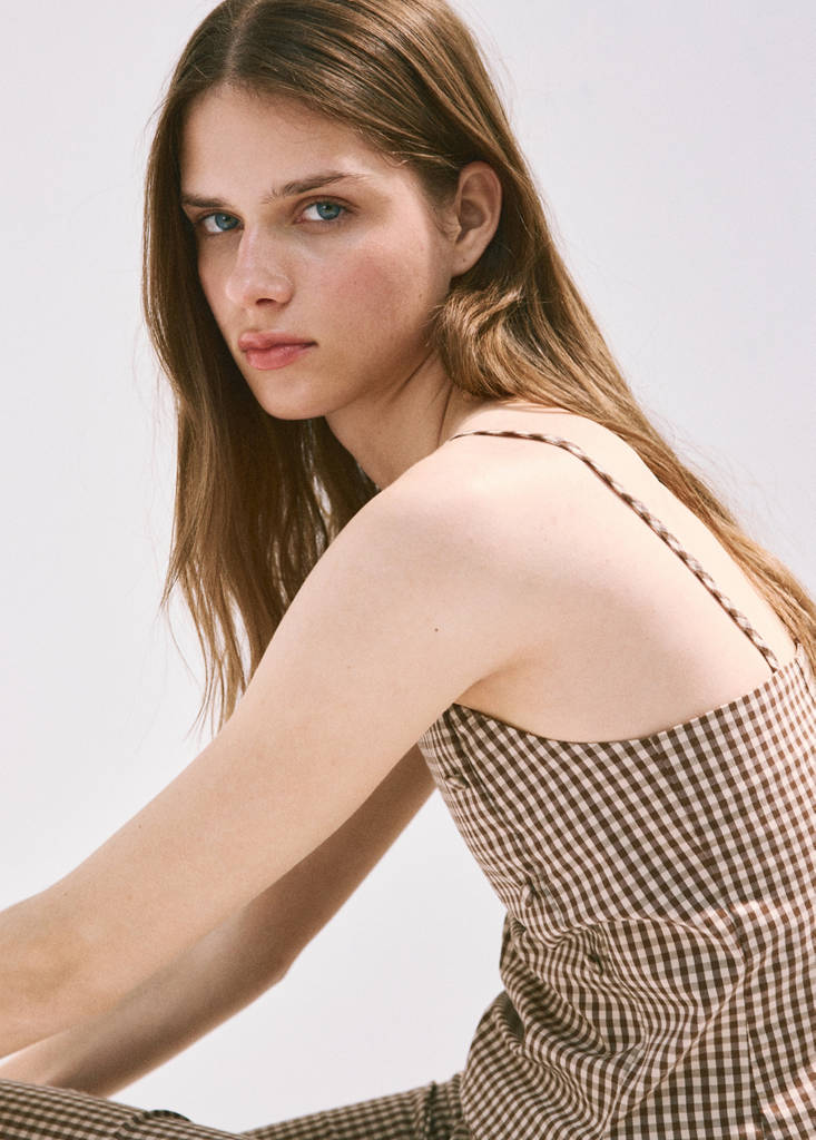 Gingham check button top — Brown