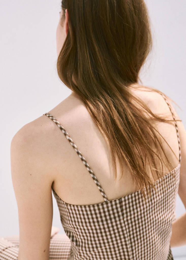 Gingham check button top — Brown