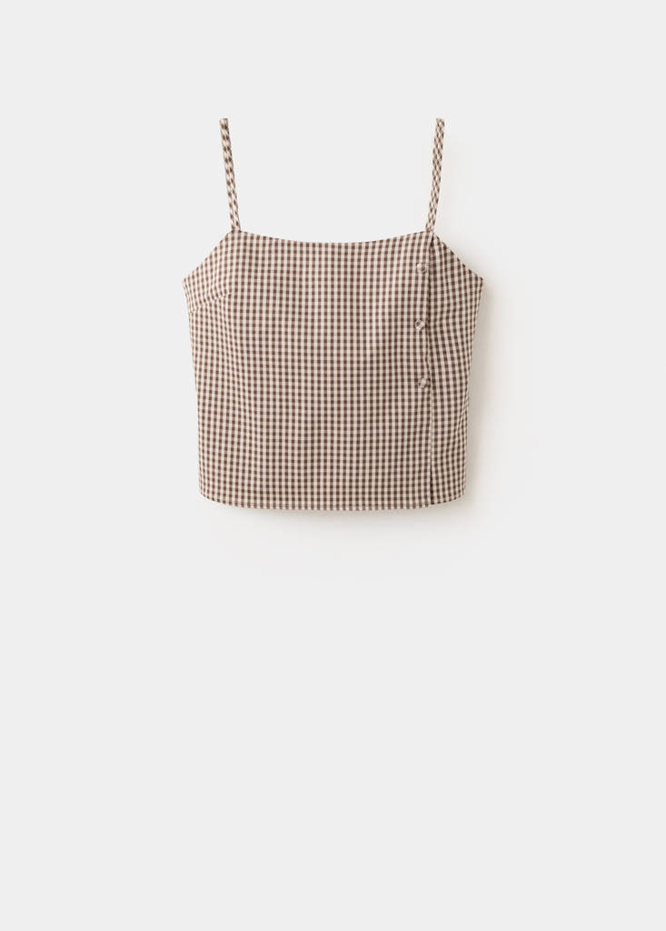 Gingham check button top — Brown