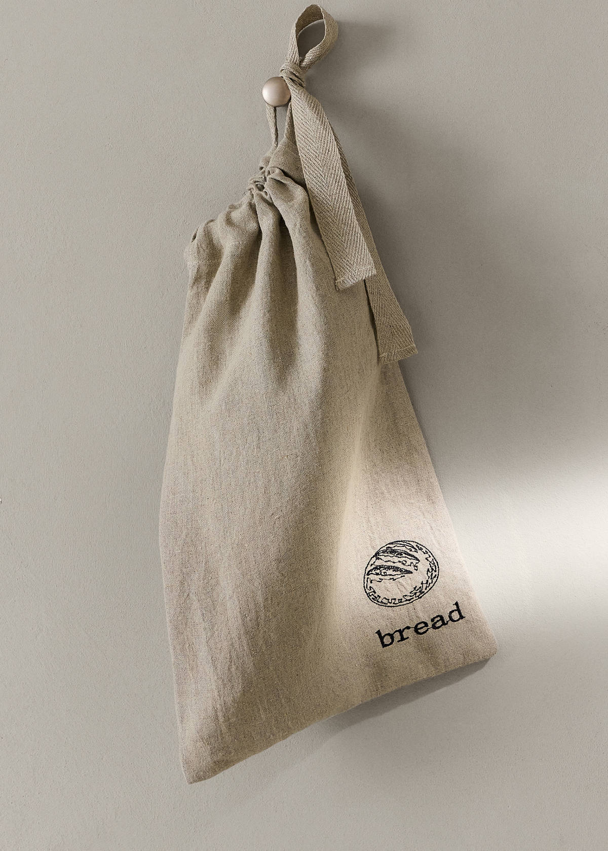 Embroidered washed linen bread bag — Light/Pastel Brown