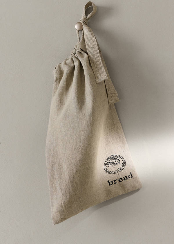 Embroidered washed linen bread bag — Light/Pastel Brown