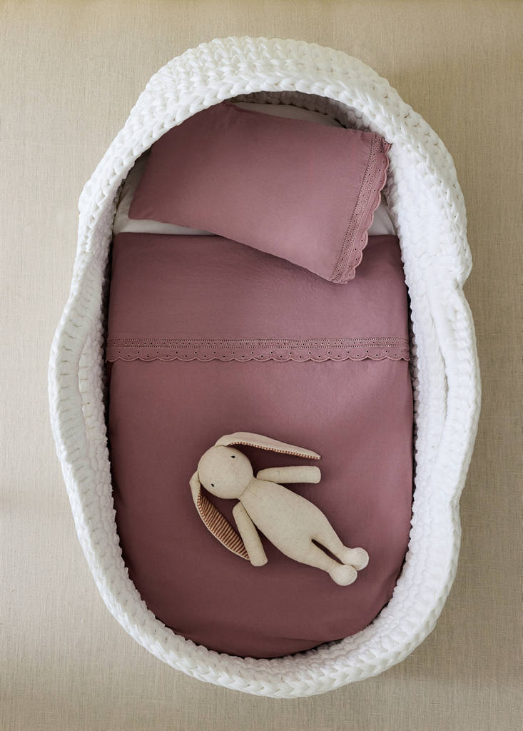 Mini cot bedding set, 100% cotton, lace trim finish — Light/Pastel Purple