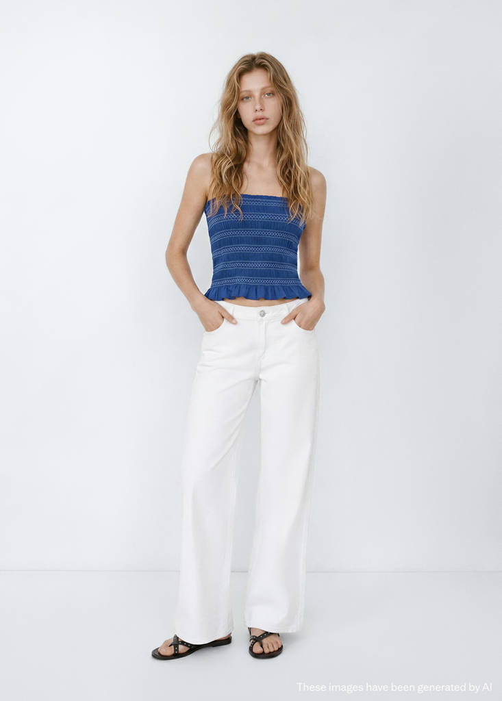 Smocked top with embroidered details — Navy