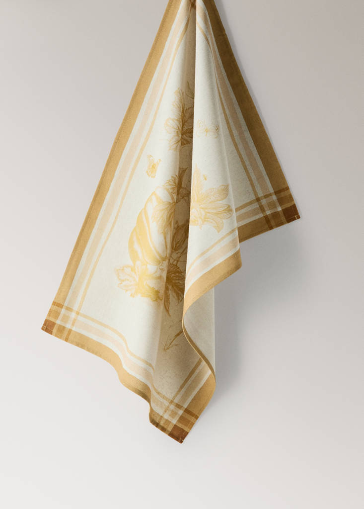 Pumpkin print cotton kitchen towel — Mustard