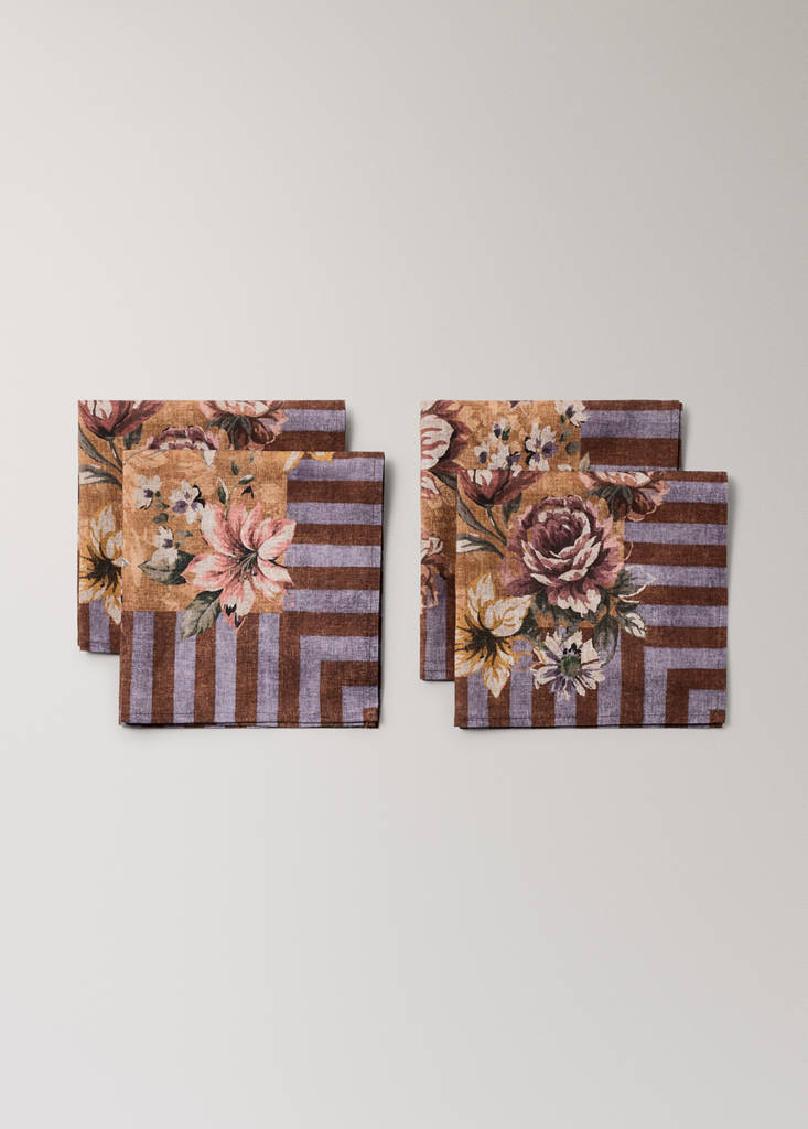 Pack of 4 linen-cotton napkins with floral and striped designs — Yellow