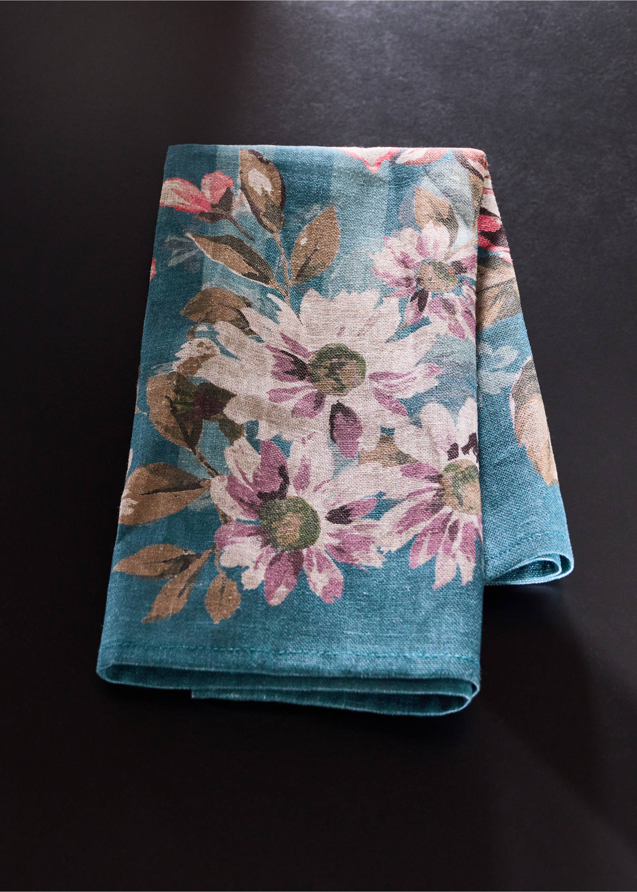 4er-Pack Servietten aus Leinen-Baumwoll-Mix mit Blumen- und Streifenmuster - Allgemeine Ansicht, Petrolblau. Ref: 37071530-00.