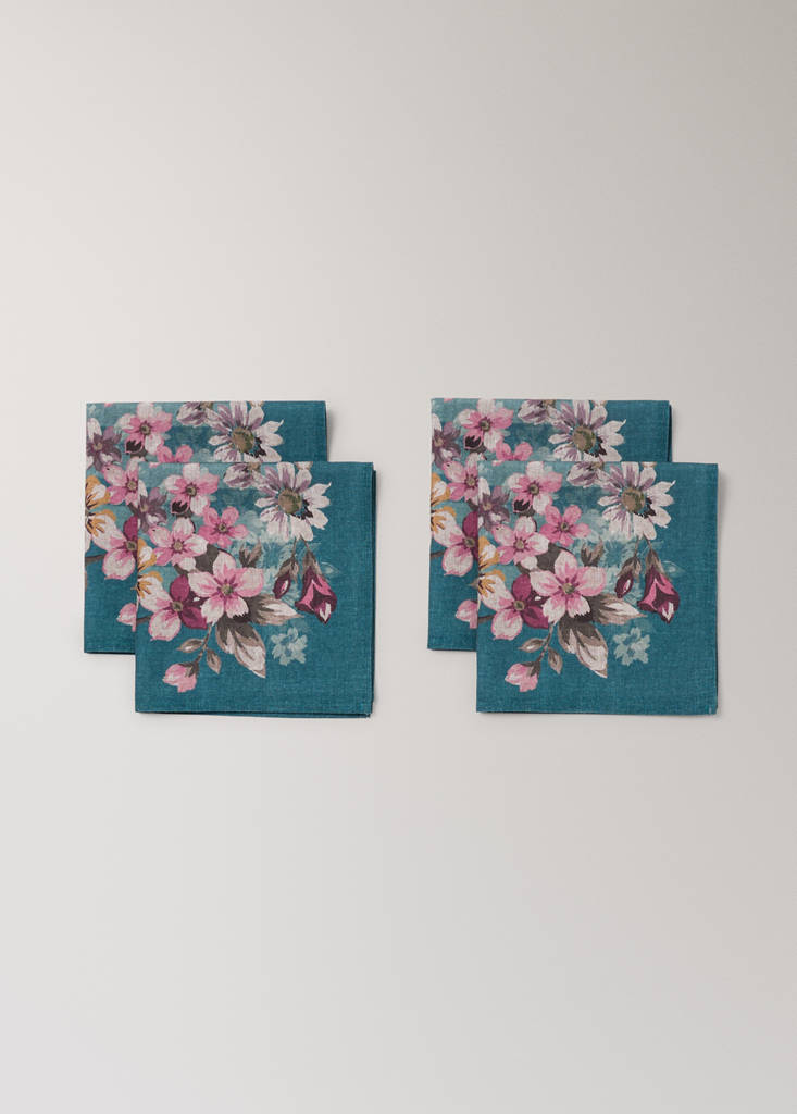 Pack of 4 linen-cotton napkins with floral and striped designs — Petrol Blue