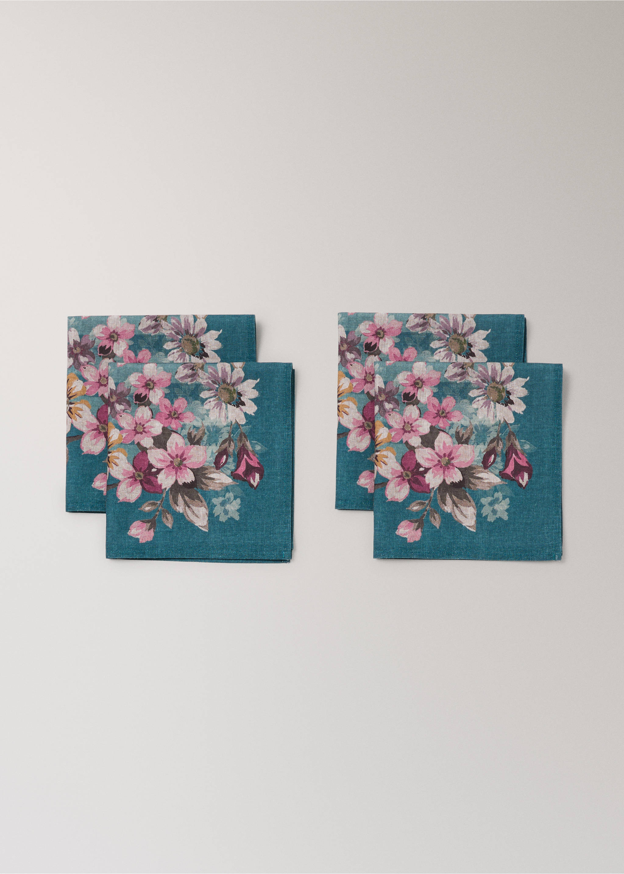 4er-Pack Servietten aus Leinen-Baumwoll-Mix mit Blumen- und Streifenmuster - Detail des Artikels 1, Petrolblau. Ref: 37071530-00.