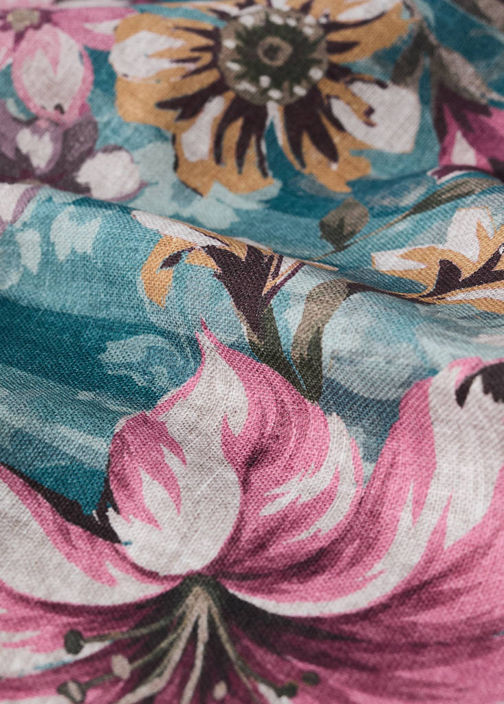 Pack of 4 linen-cotton napkins with floral and striped designs — Petrol Blue