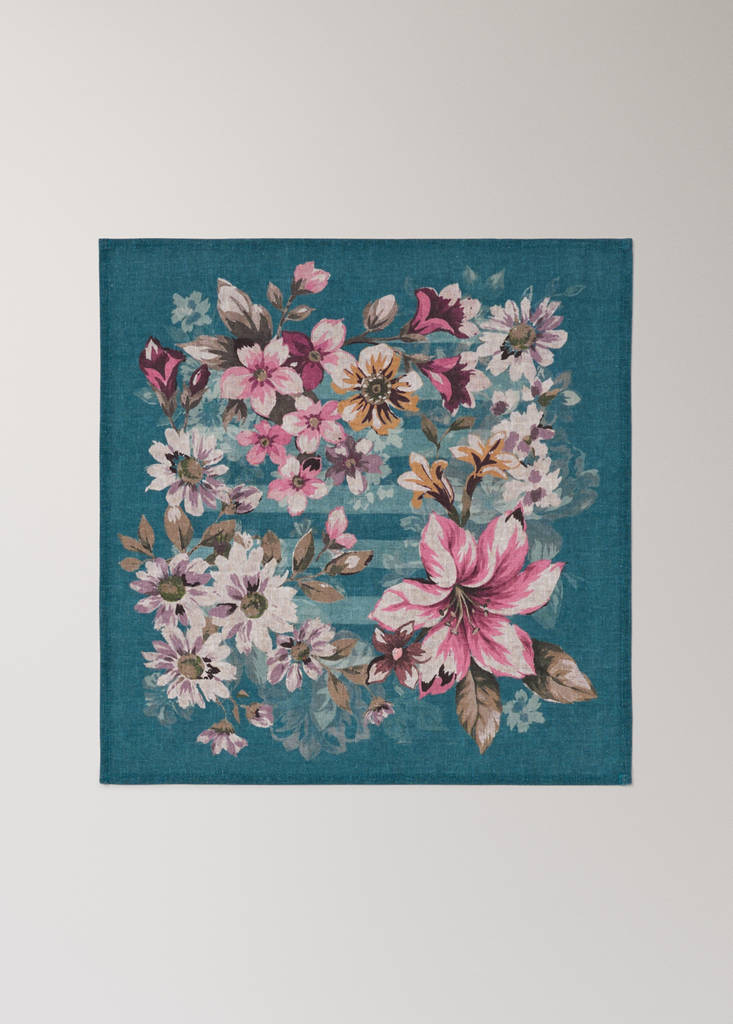 Pack of 4 linen-cotton napkins with floral and striped designs — Petrol Blue