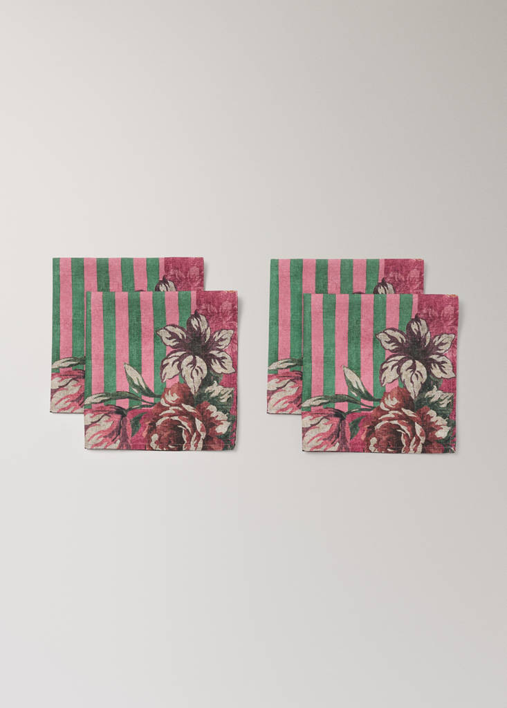 Pack of 4 linen-cotton napkins with floral and striped designs — Pink
