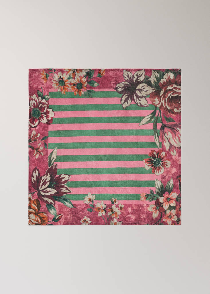 Pack of 4 linen-cotton napkins with floral and striped designs — Pink