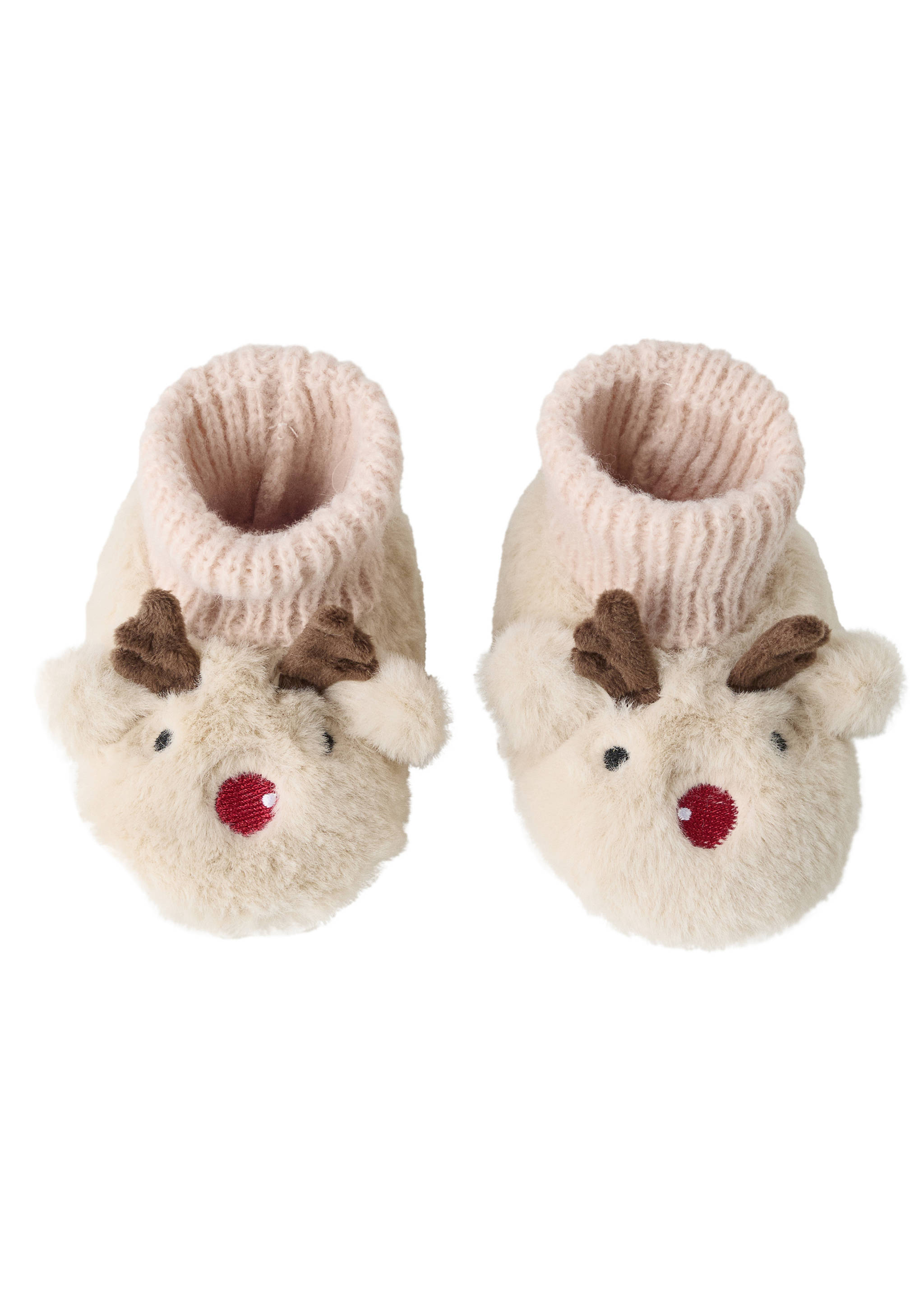 Cream faux-fur house slippers with ribbed pink cuffs and embroidered reindeer face details.
