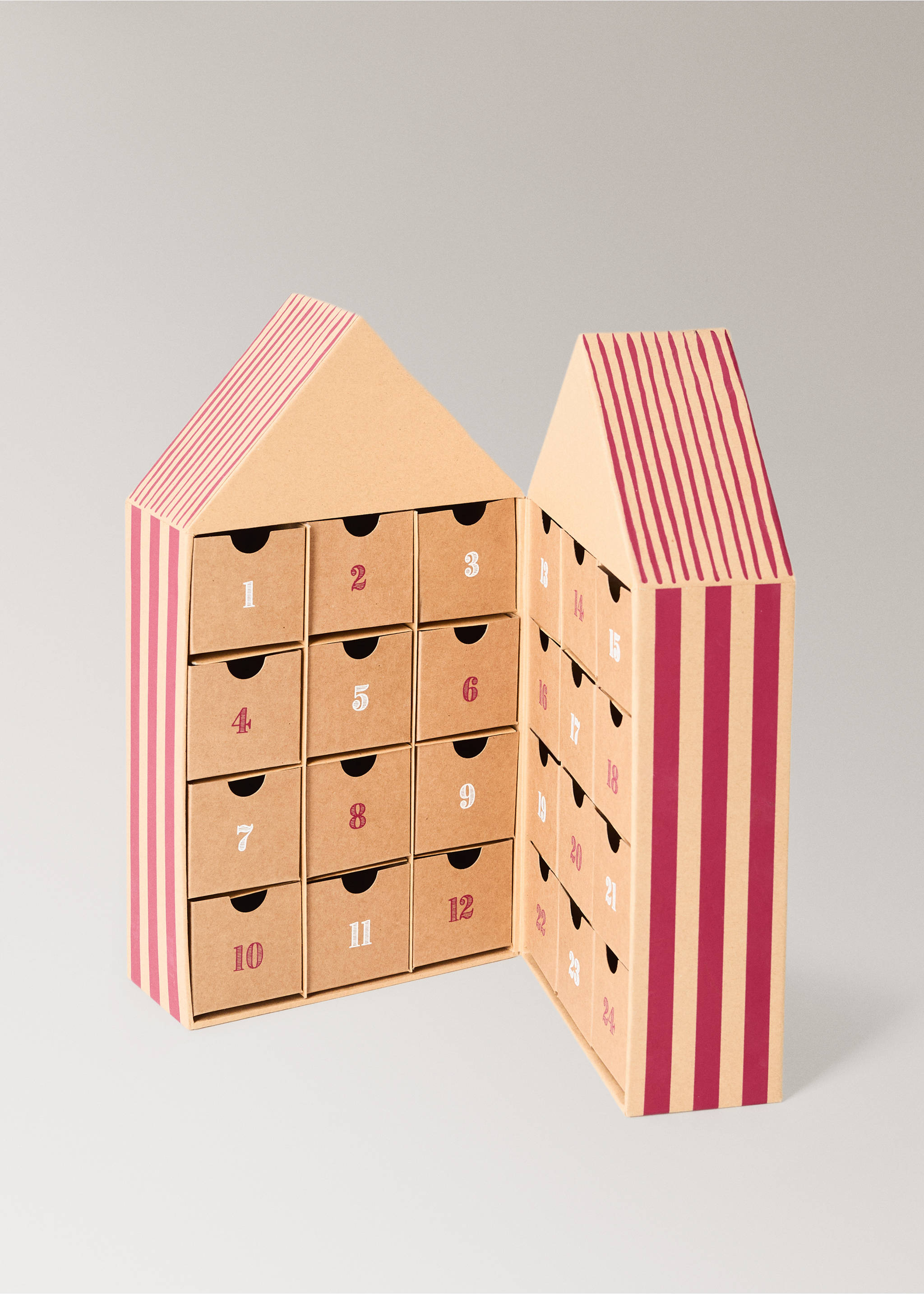 House-shaped cardboard advent calendar with pink stripes and twenty-four numbered drawers., Brown. Ref: 37071539-00.