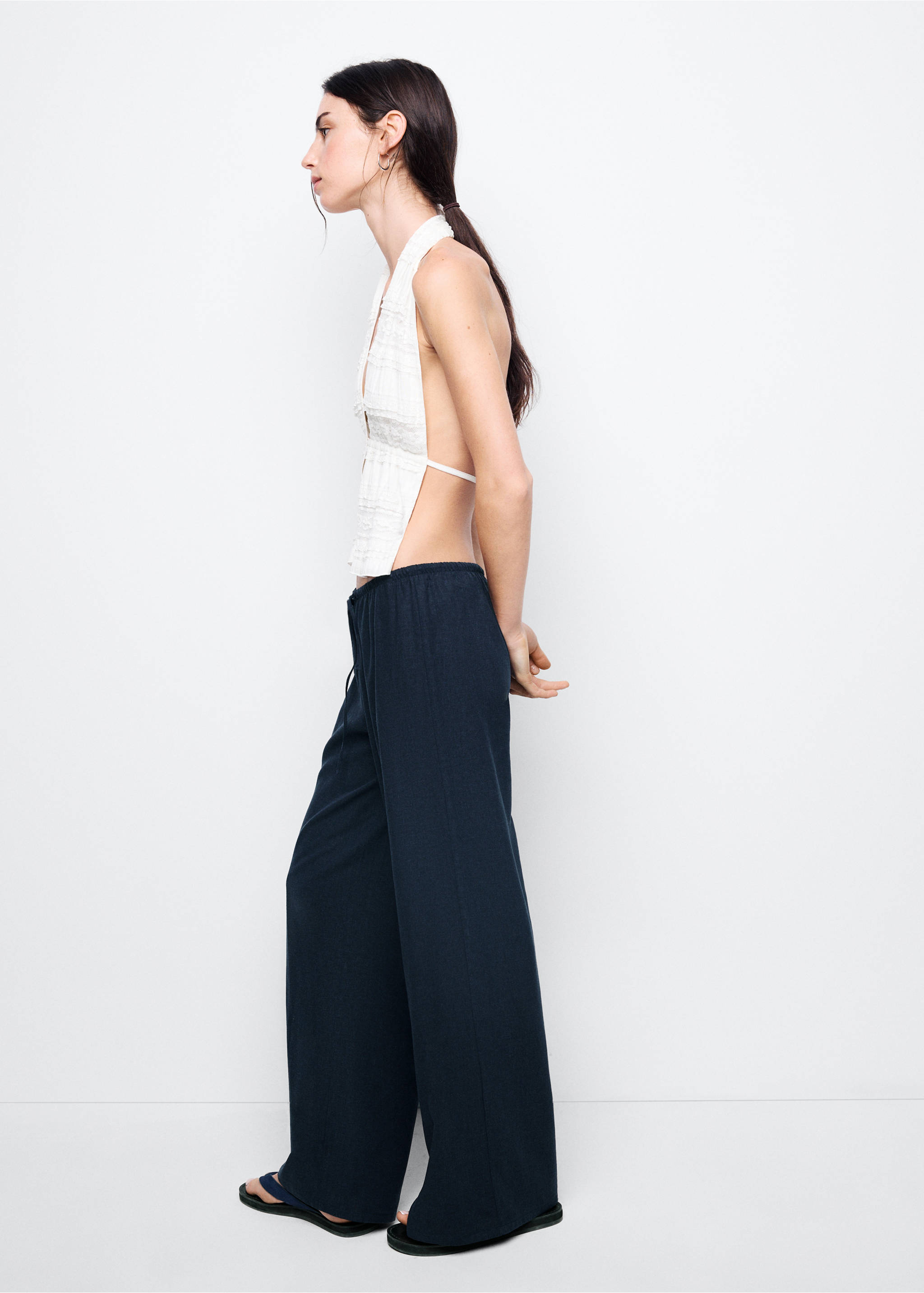 Straight linen-blend trousers - Medium plane, Dark Navy. Ref: 37071549-00.