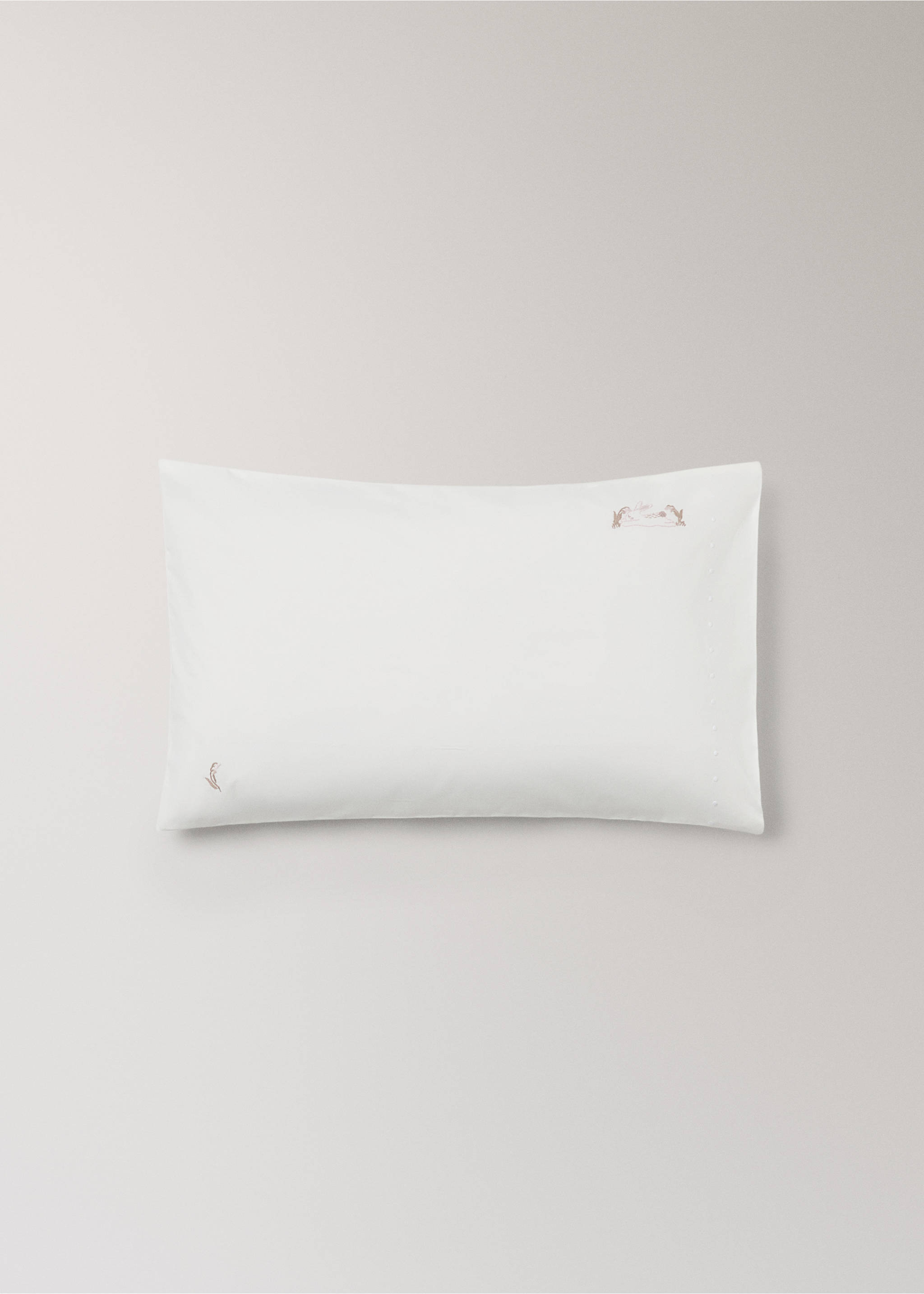 White cot pillowcase with delicate pink embroidery., Medium Brown. Ref: 37072559-00.