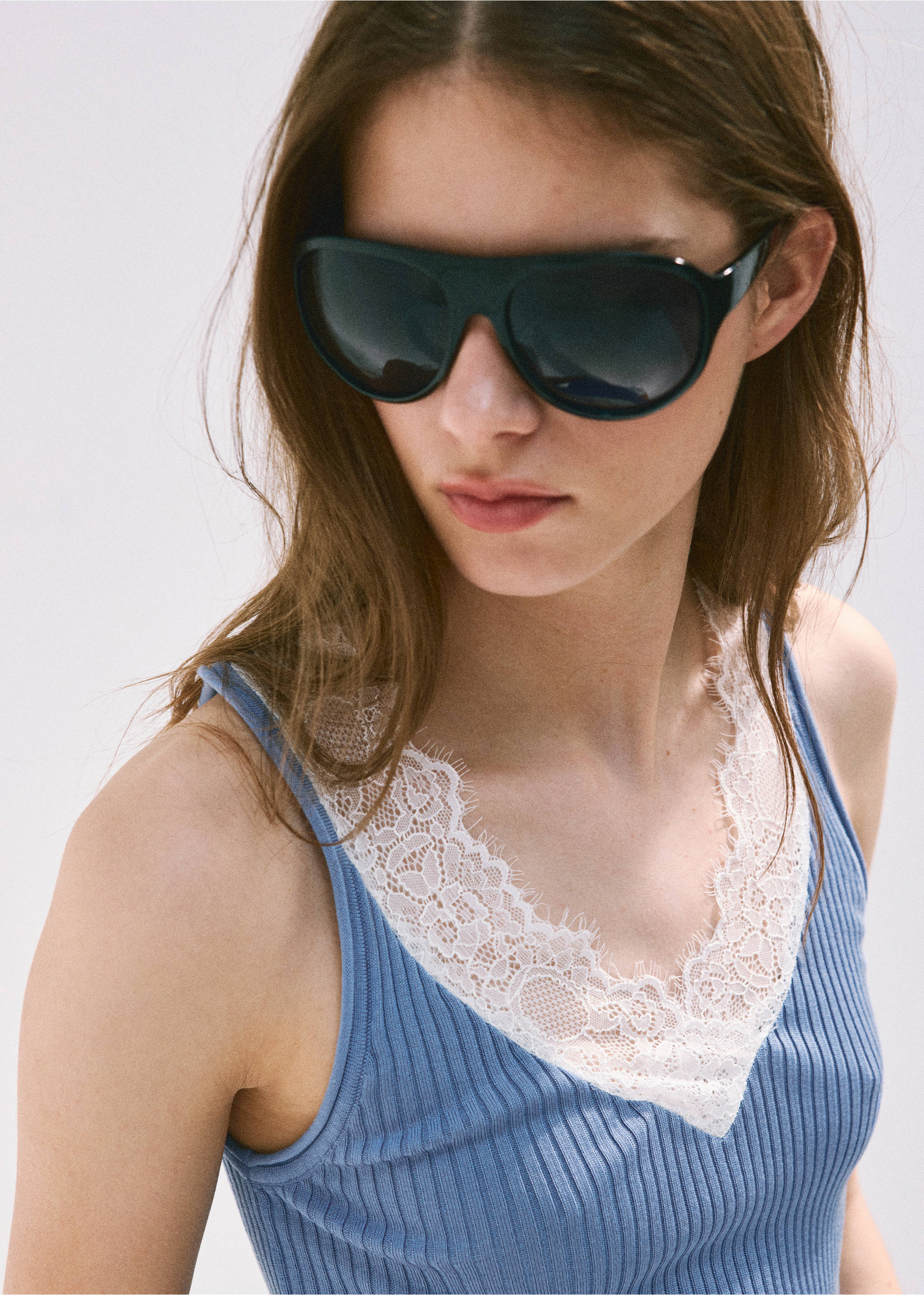 Lace lyocell top - Details of the article 1, Sky Blue. Ref: 37072894-00.