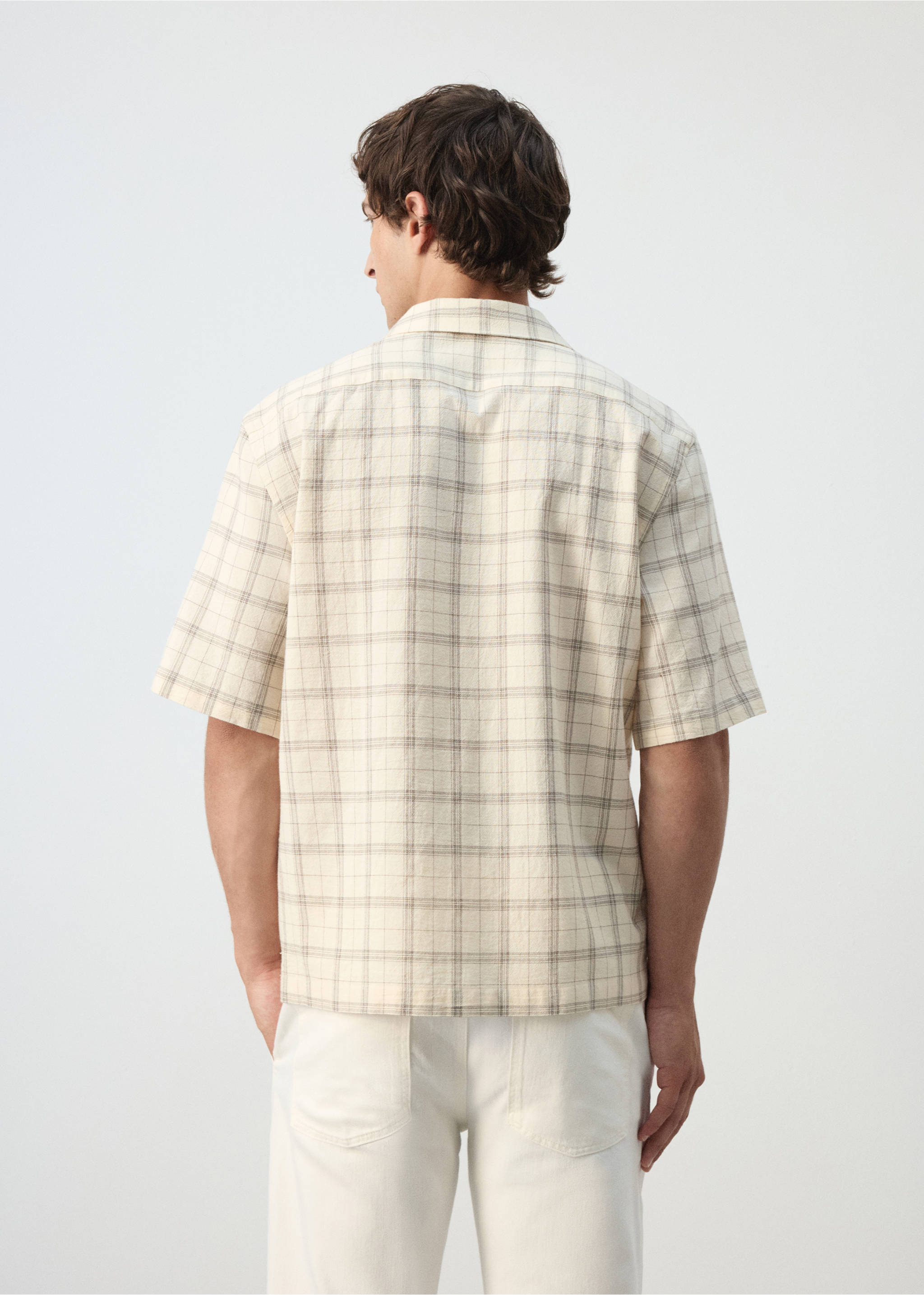 Chemise en coton à carreaux col bowling - Verso de l’article, Blanc cassé. Ref: 37072897-00.