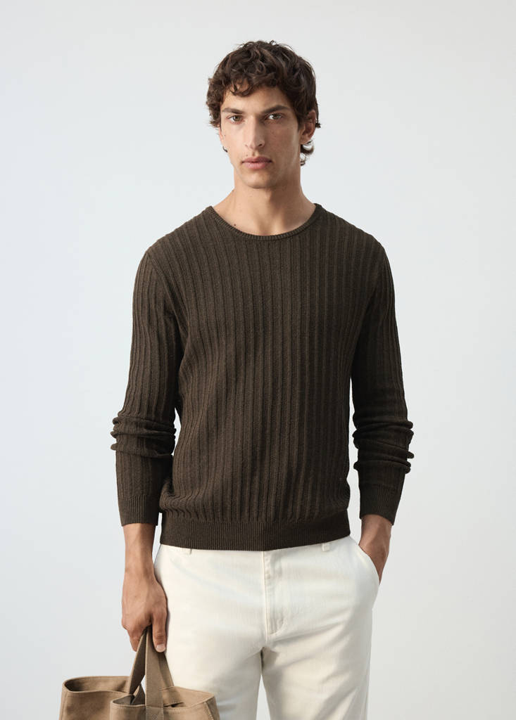 Ribbed cotton-linen blend sweater — Brown