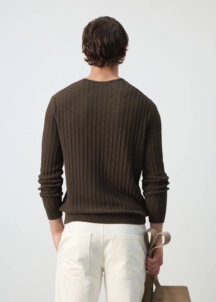 Ribbed cotton-linen blend sweater — Brown