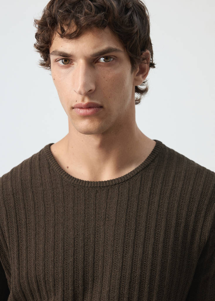 Ribbed cotton-linen blend sweater — Brown